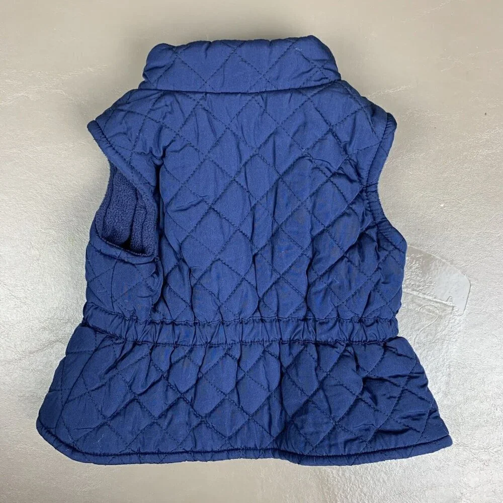 Old Navy Quilted Vest Blue Zip Gold Bow Equestrian Fall Puffer Girls 3-6 Months